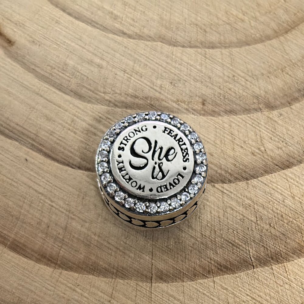 Pandora She is LOVED WOKTHY STRONG FEARIESS Charm, S925 Silver Jewelry